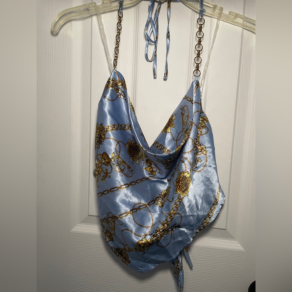 Satin Chain Print Cowl Neck Halter Top - Light Blue & Gold